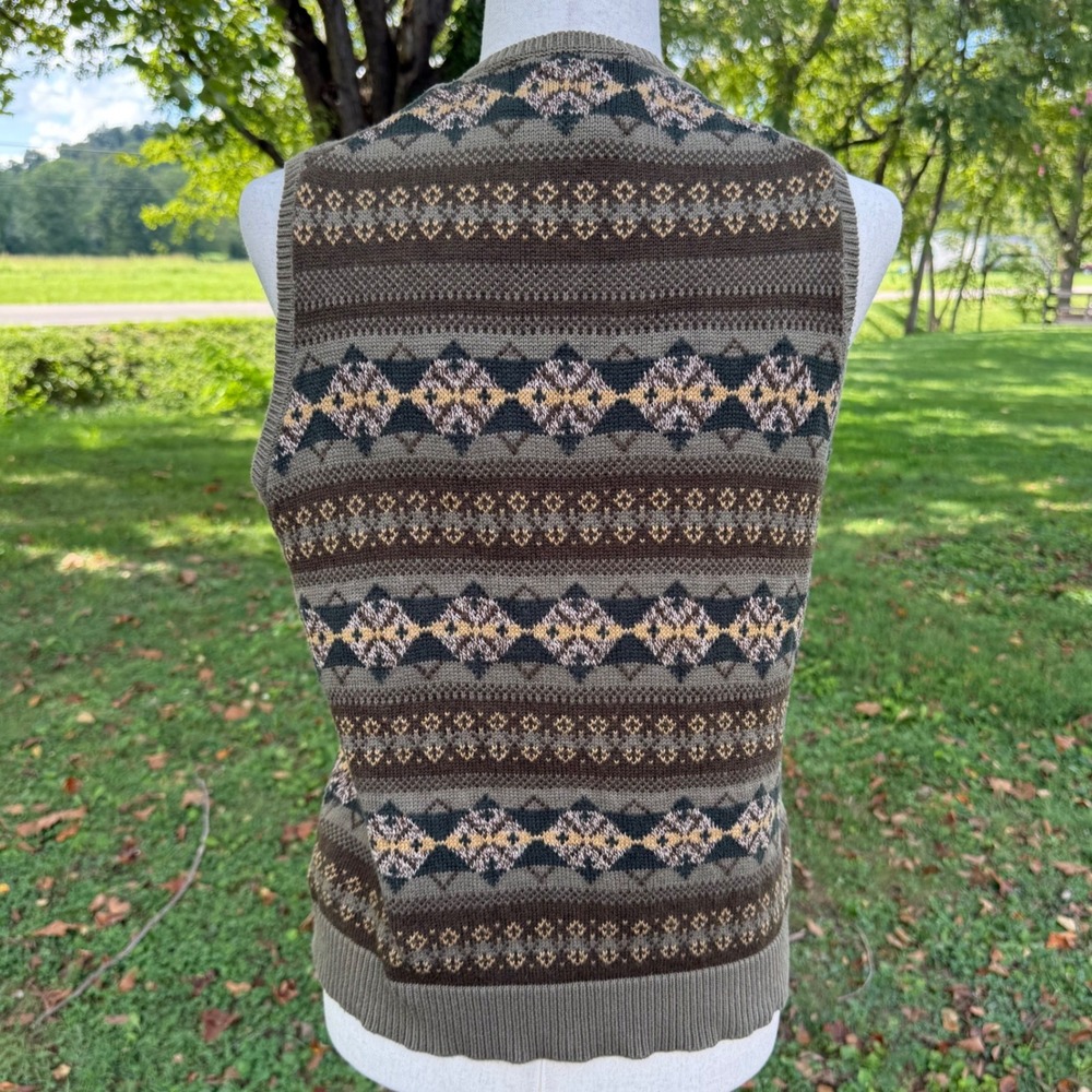 Jones New York Country 90s Fair Isle Sweater Vest Cotton Green Brown Mens Large - Picture 2 of 8